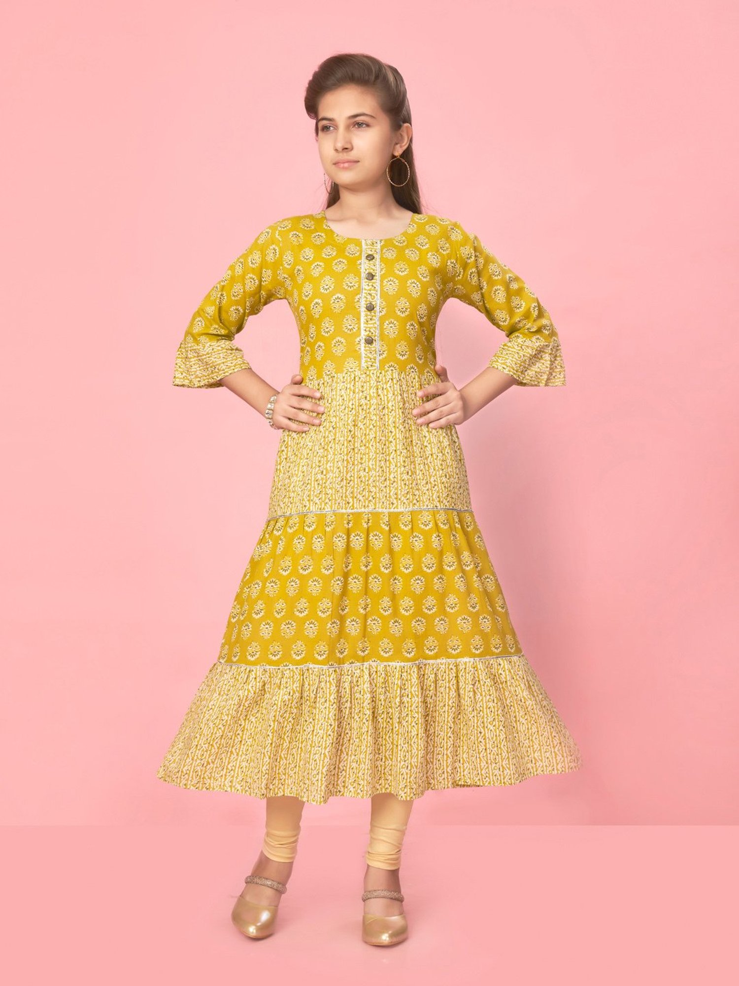 Aarika Kids Yellow & Beige Floral Print Kurta with Leggings