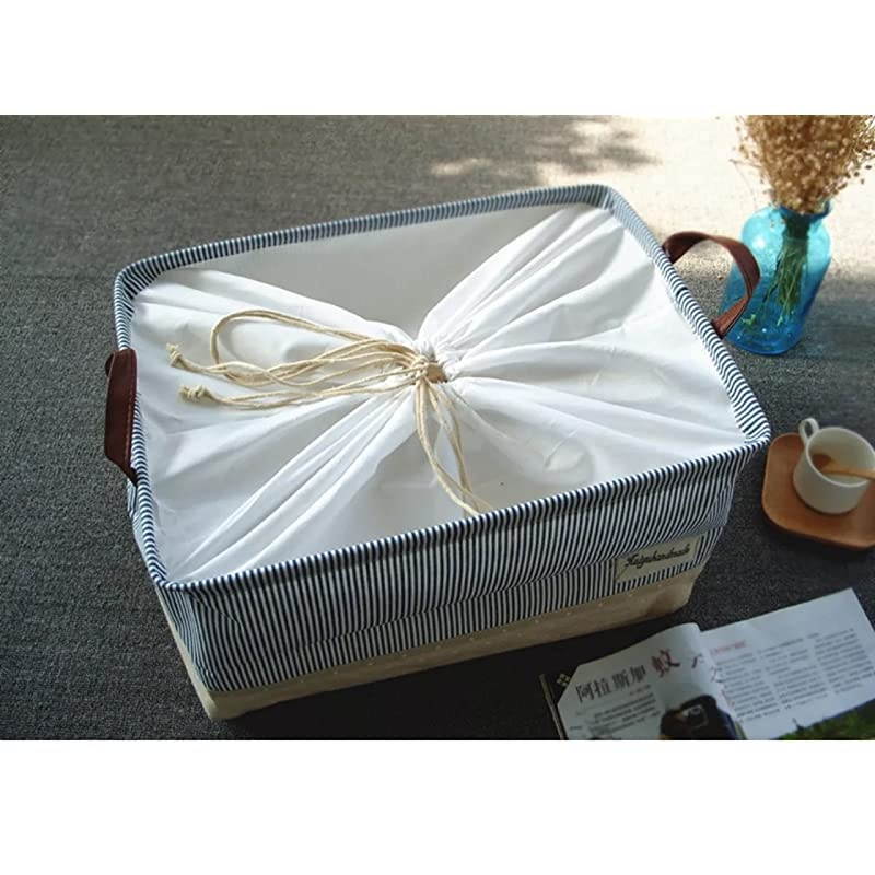 17Inches Large Storage Basket Available 15 and 17 InchesWidth Drawstring Square Cotton Linen Collapsible Toy Basket Navy Blue L