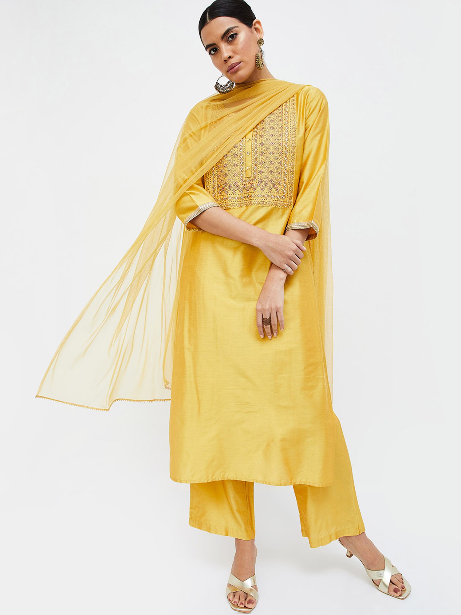 Melange by Lifestyle Yellow Embellished Kurta With Pants & Dupatta