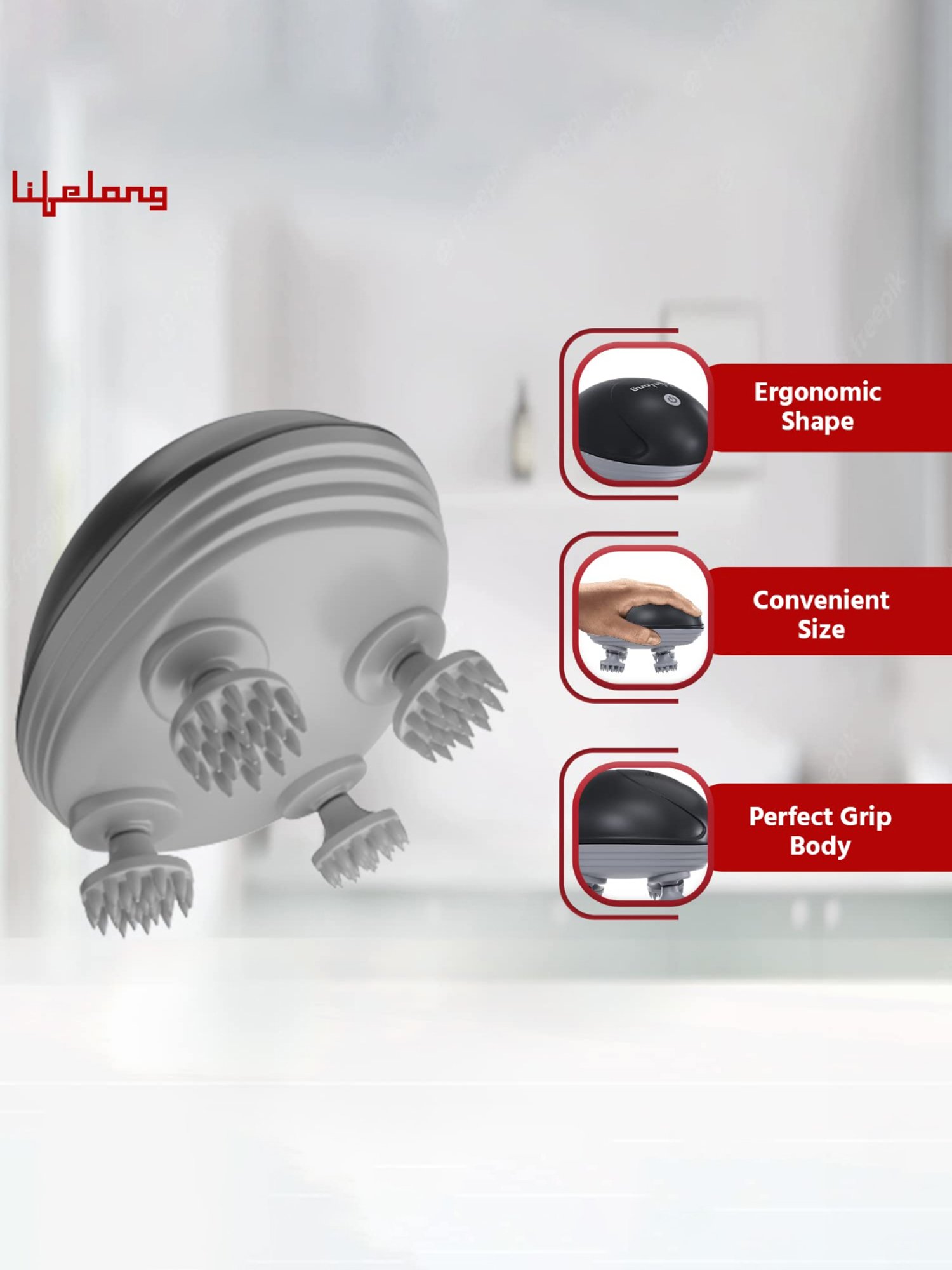 Lifelong LLM603 Hair Scalp Rechargeable Electric Head Kneading Massager, 4 Speed Modes (Black)