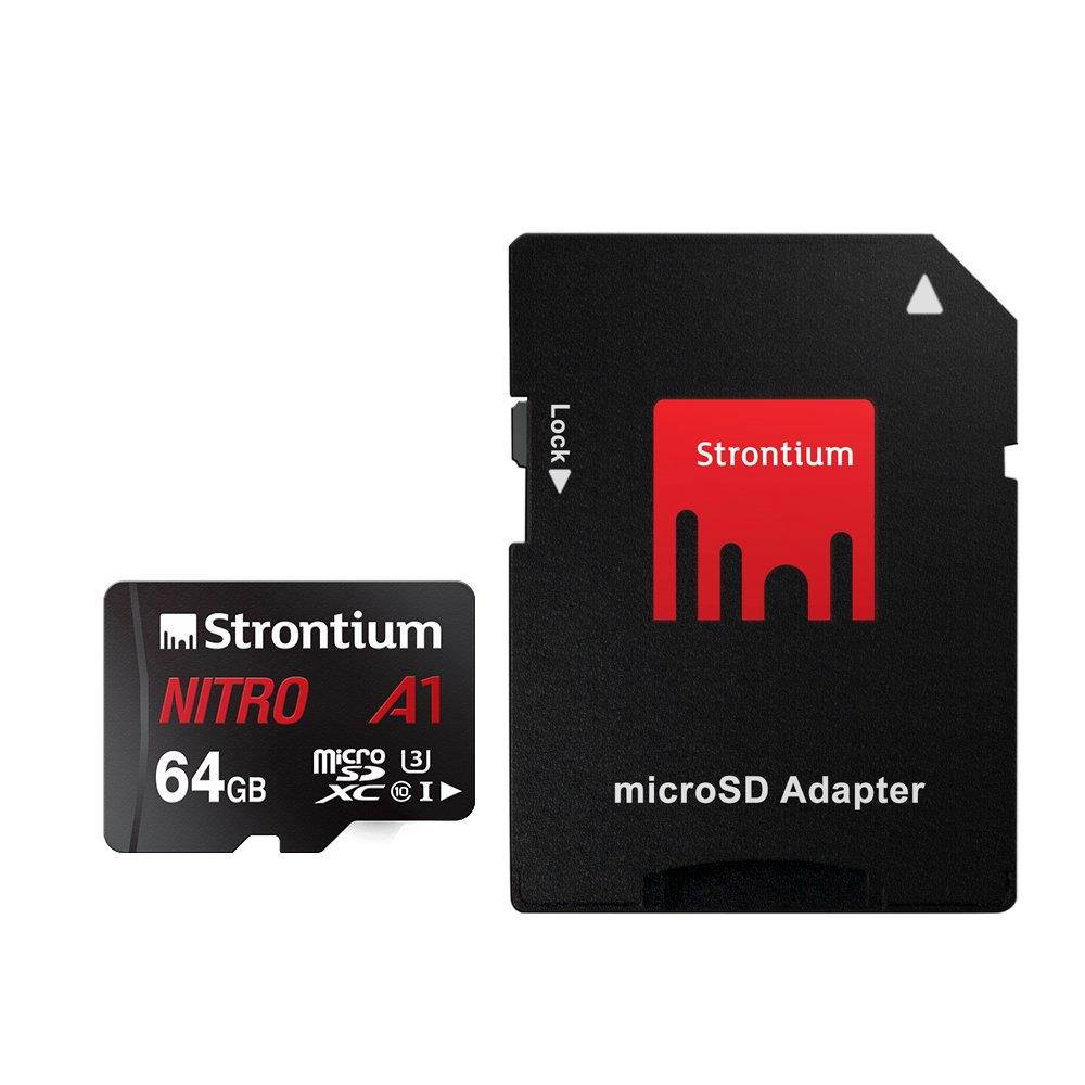 Strontium Nitro 64GB Micro SDXC Memory Card 100MB/s A1 UHS-I U3 Class 10 w/Adapter High Speed for Smartphones Tablets Drones Action Cams (SRN64GTFU3A1A)
