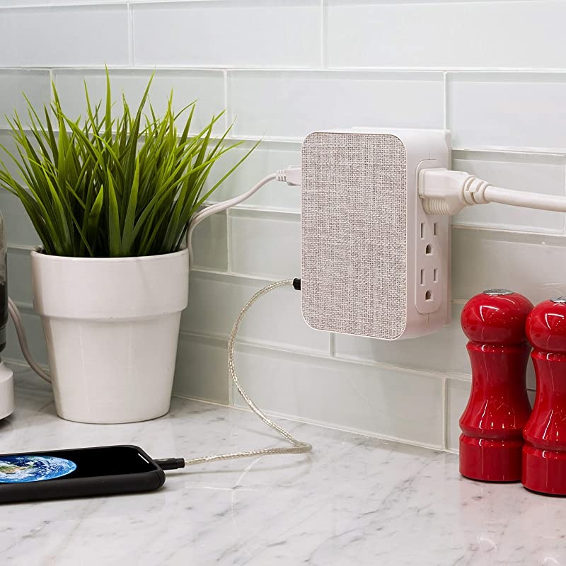 Pro 5 Outlet 2 USB Fabric Wall Tap Sur Protector Side Access Designer Power Adapter Plug in Extender 560 Joules GrayWhite 43436