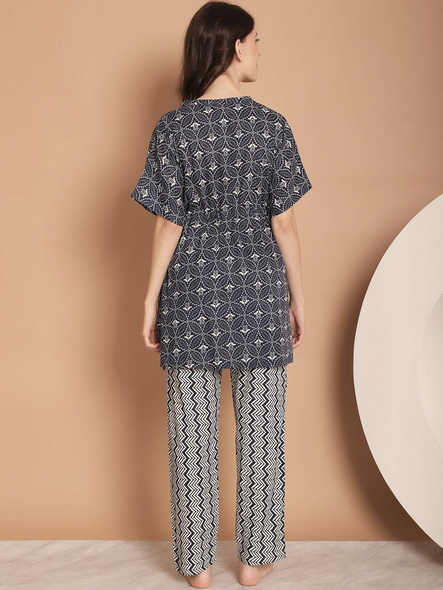 Kanvin Navy Cotton Printed Tunic Pyjamas Set