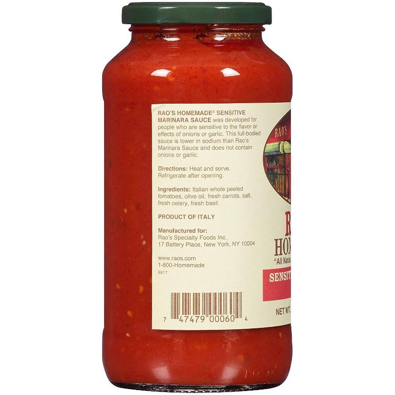 Rao's Homemade Sensitive Formula Marinara Sauce Premium Quality All Natural Tomato Sauce & Pasta Sauce Keto Friendly Carb Conscious - 24oz