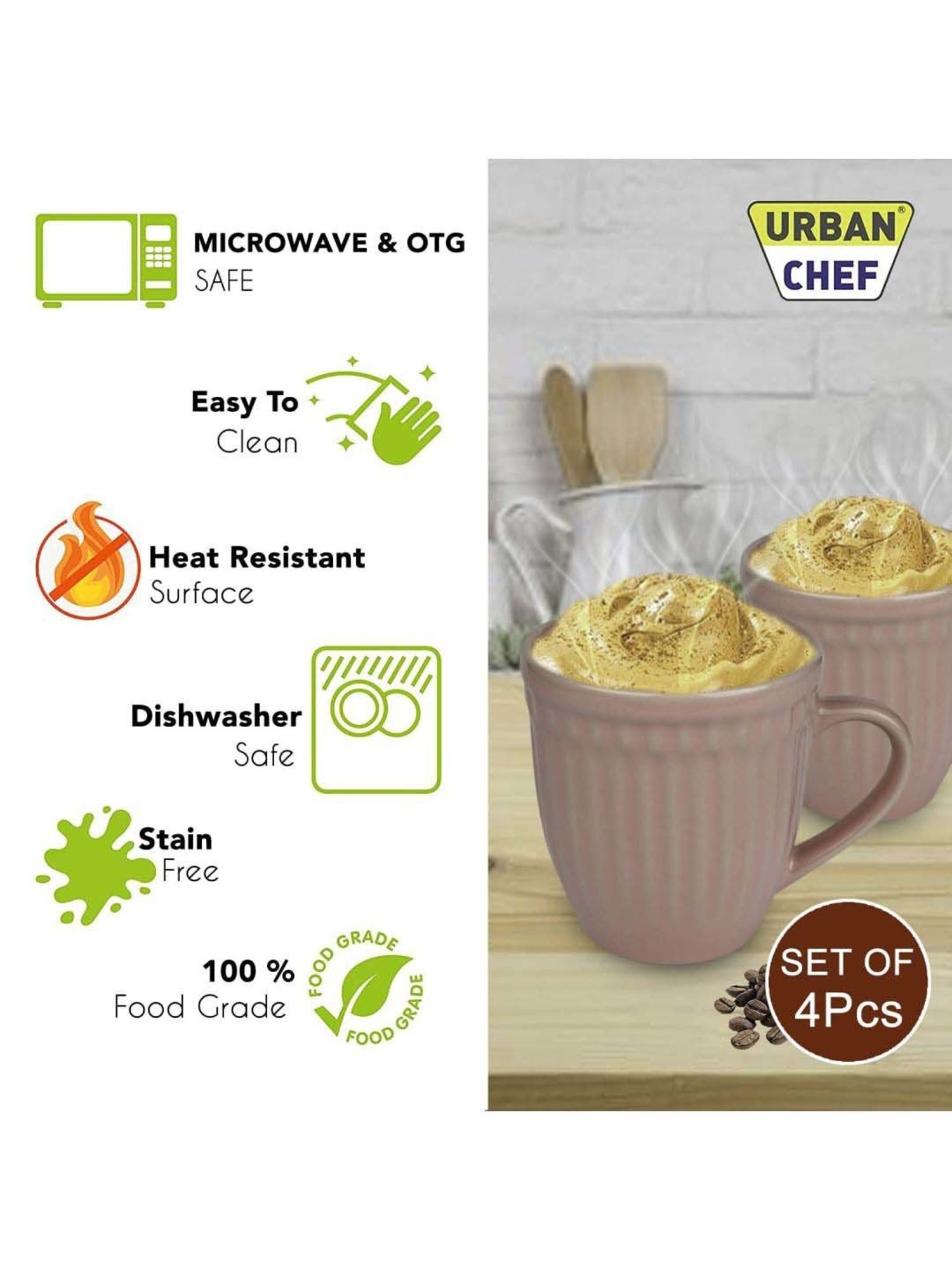Urban Chef Pink Ceramic Handcrafted Microwave Safe Tea Cup - Set of 4
