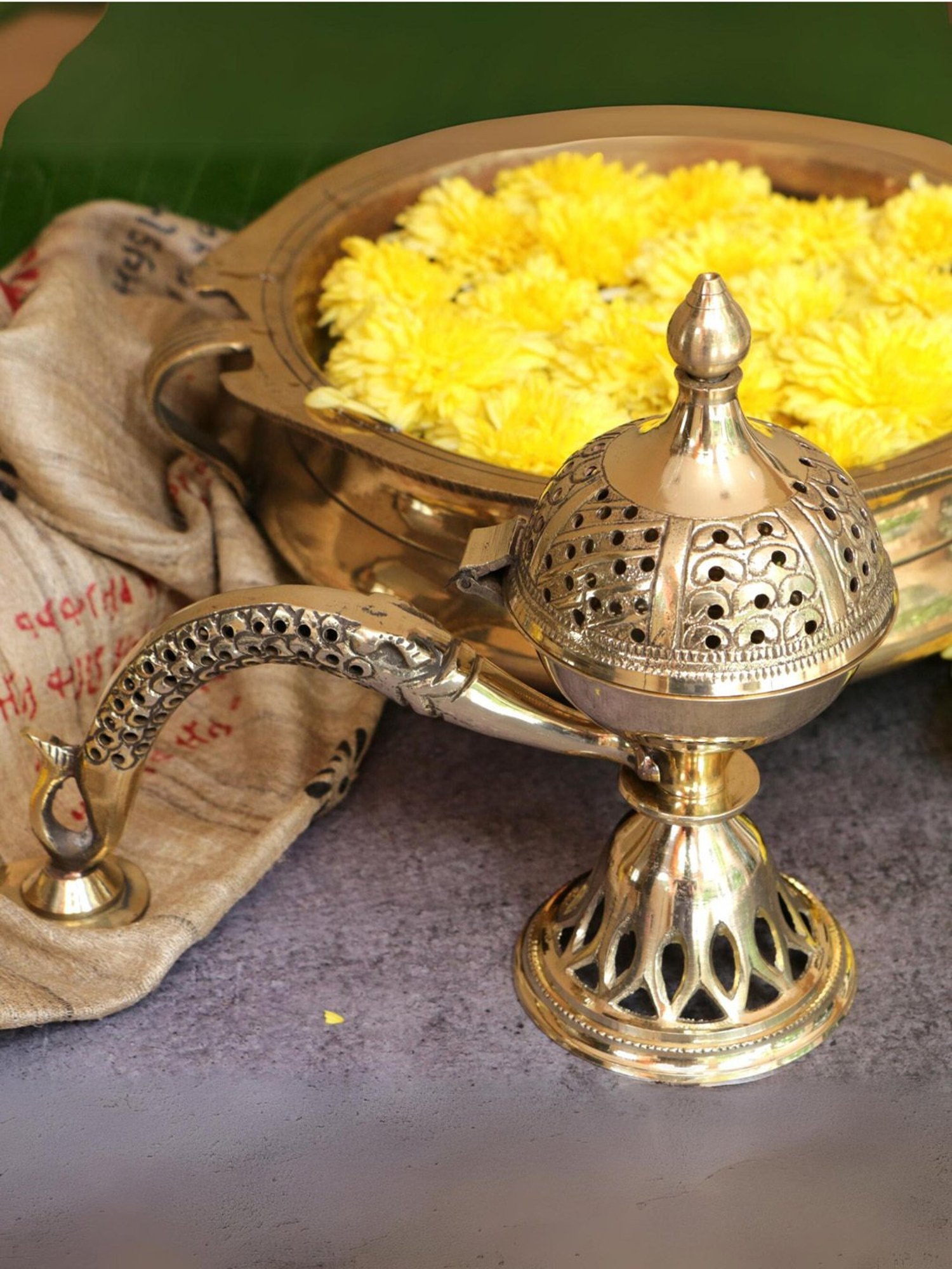 Ambi Intricate Brass Dhuni Loban Sambrani Incense Burner With Fish Tail Handle - A Masterpiece