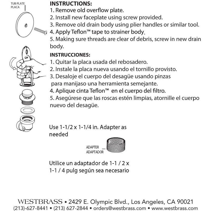 Westbrass 1.5 Inch Diameter Round Universal Tiptoe Drain Bathtub and Shower Trim Set with 2-Hole Faceplate, Polished Chrome Finish