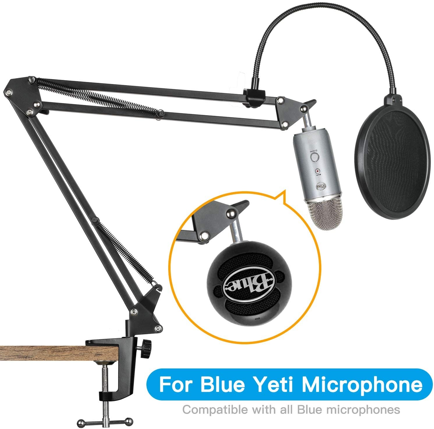 Microphone Suspension Scissor Boom Bracket Stand with Pop Filter and Mic Holder, 5/8&rdquo;Screw for Blue Yeti, Snowball, Spark, Yeti x and All Other Microphones