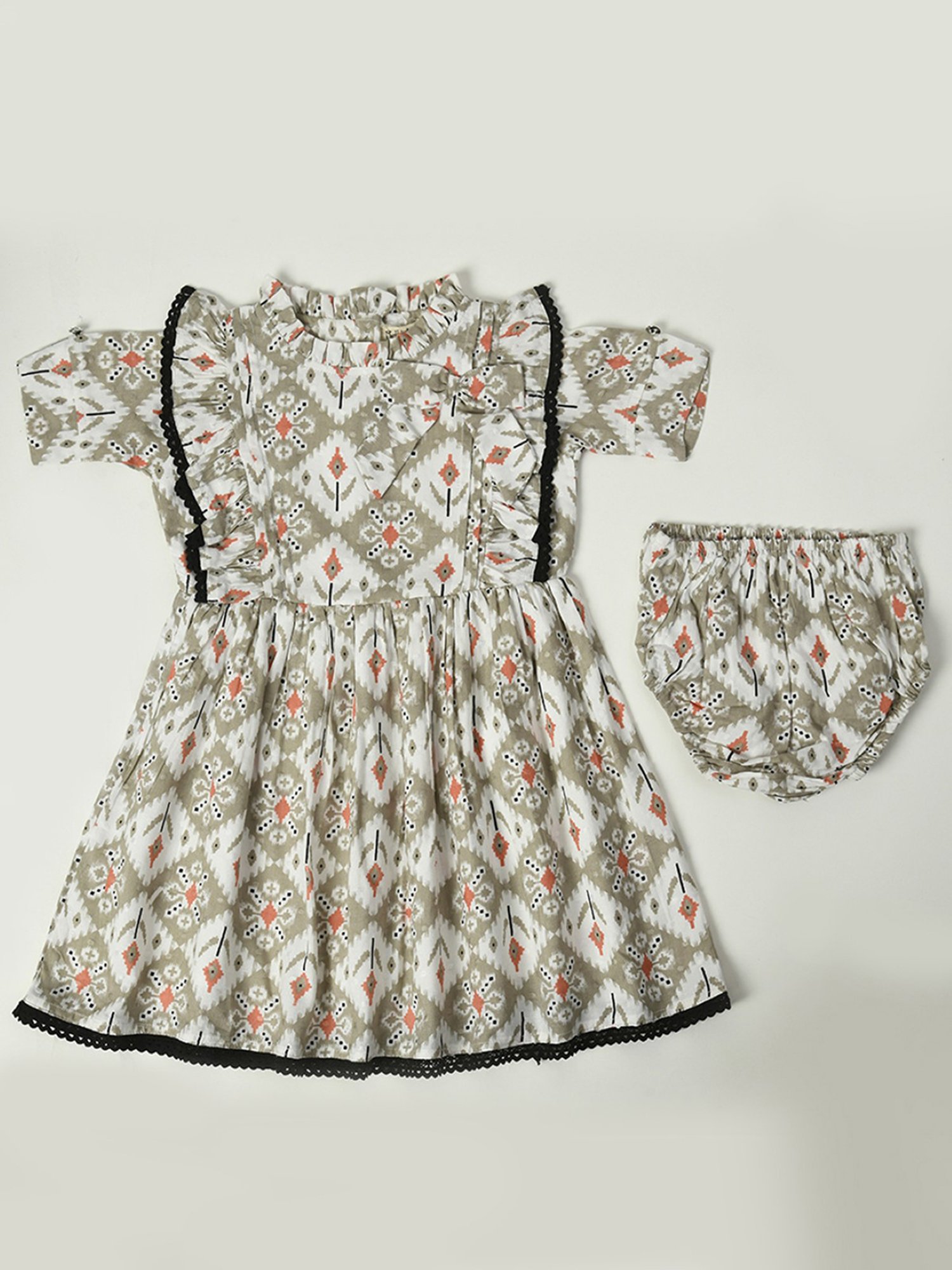 Bella Moda Kids Light Olive Printed Fit & Flare Dress with Bloomers