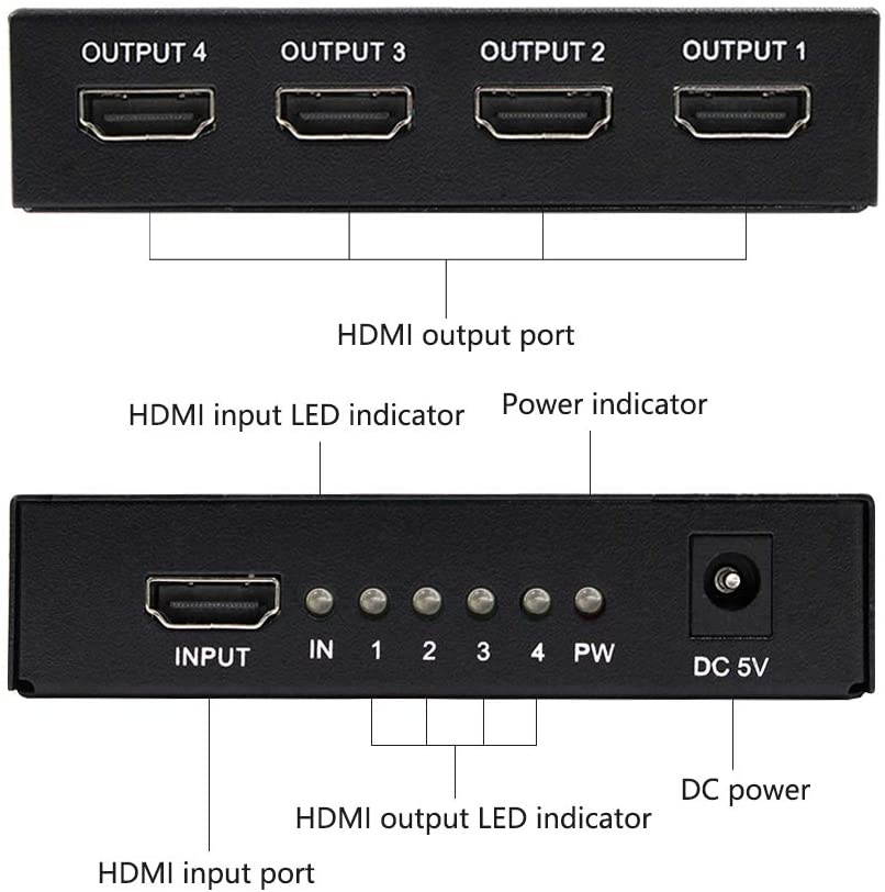 Wiistar HDMI Splitter Video Converter 1x4 Full HD 1080P 4Kx2K@30Hz 1 Input 4 Output V1.4 for Xbox PS3 PS4 Fire Stick Roku Blu-Ray Player HDTV