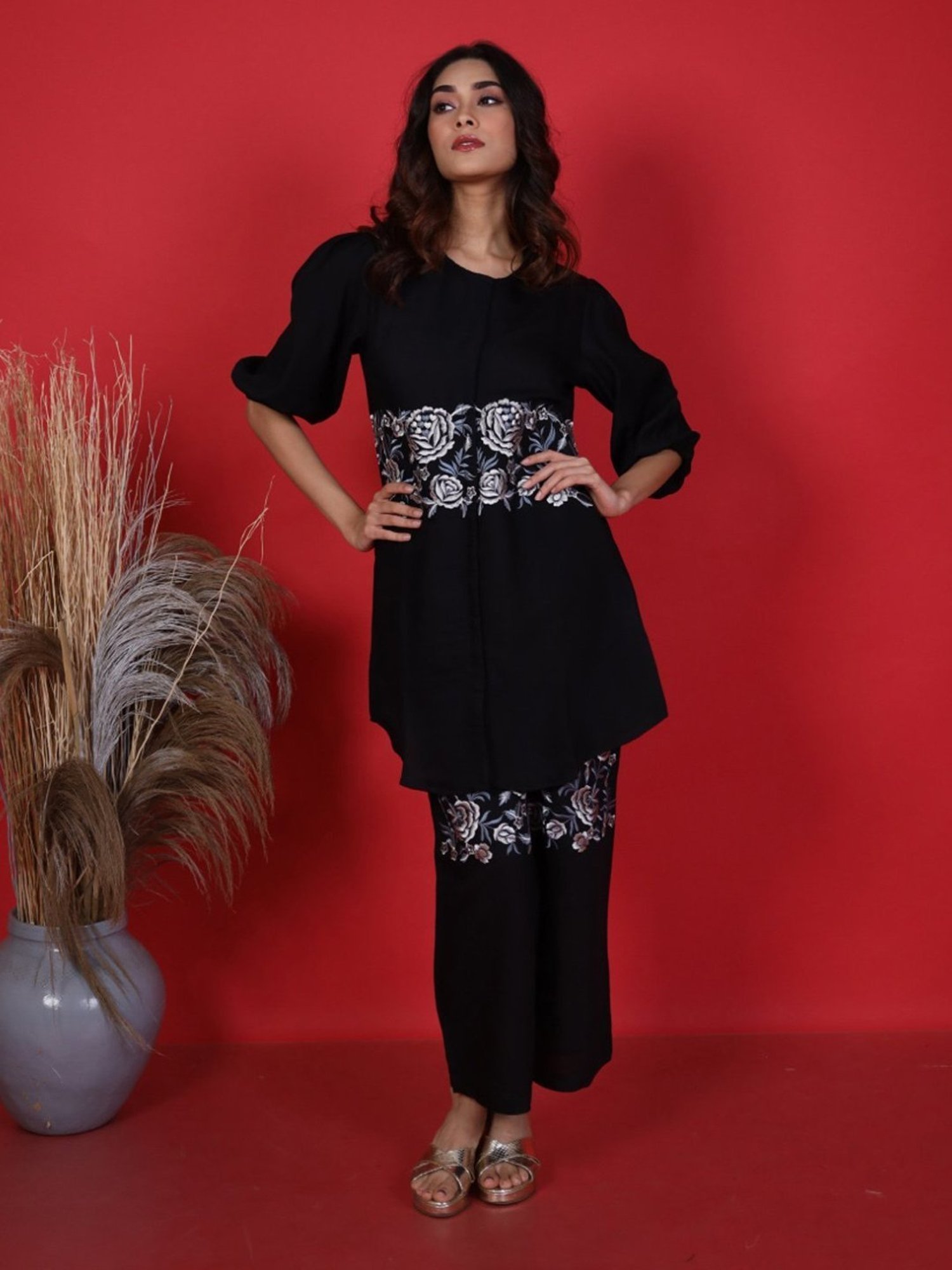 Autumnlane Sophia Black Embroidered Tunic with Pant Co-ord Set Set