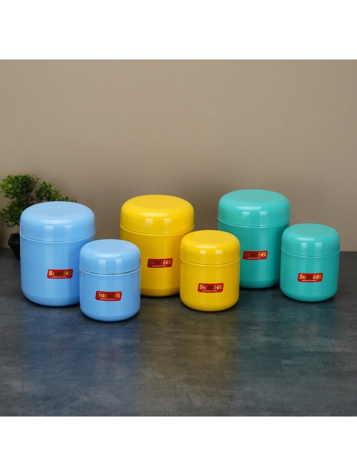 Sumeet S.S.Multi Color Small Jars/Storage Containers set of 6Pc,(3pc-350ml,7.5cm + 3pc-750ml, 9cm)