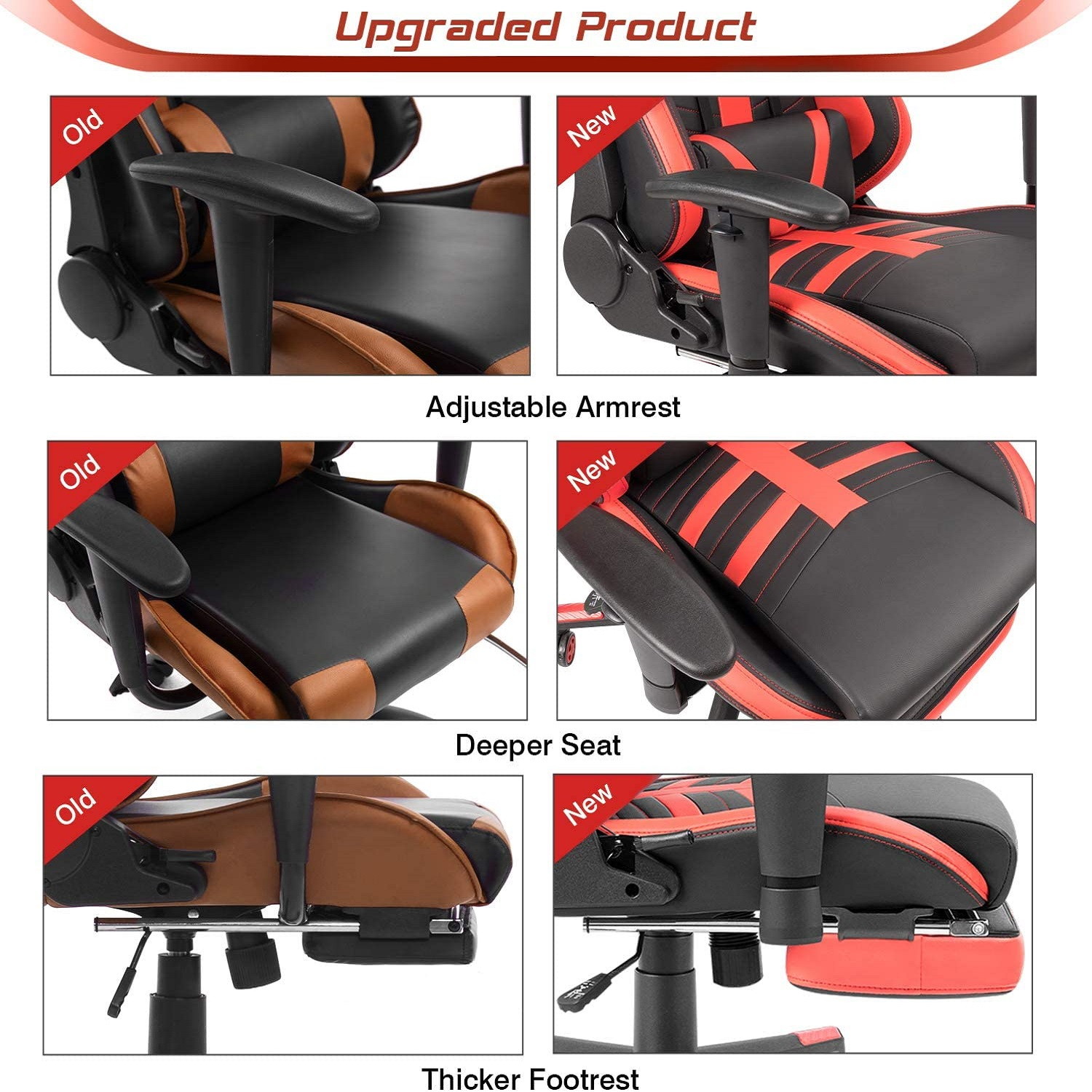 Homall Gaming Chair with Thickened Footrest Ergonomic Swivel Racing High-Back Bucket Seat, Premium PU Leather, Reclining, Hydraulic Height Adjustment, Lumbar Support, Adjustable Armrest (Red)