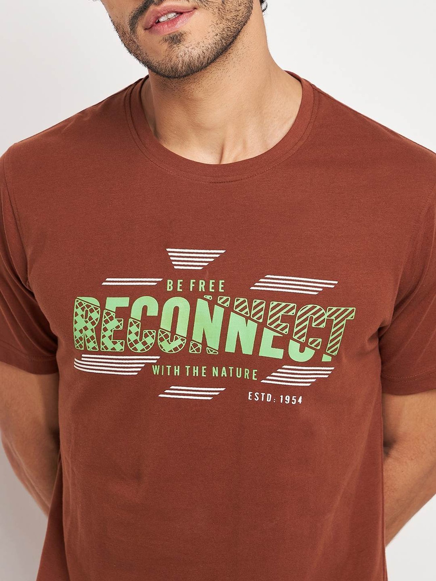 Club York Brown Cotton Regular Fit Printed T-Shirt