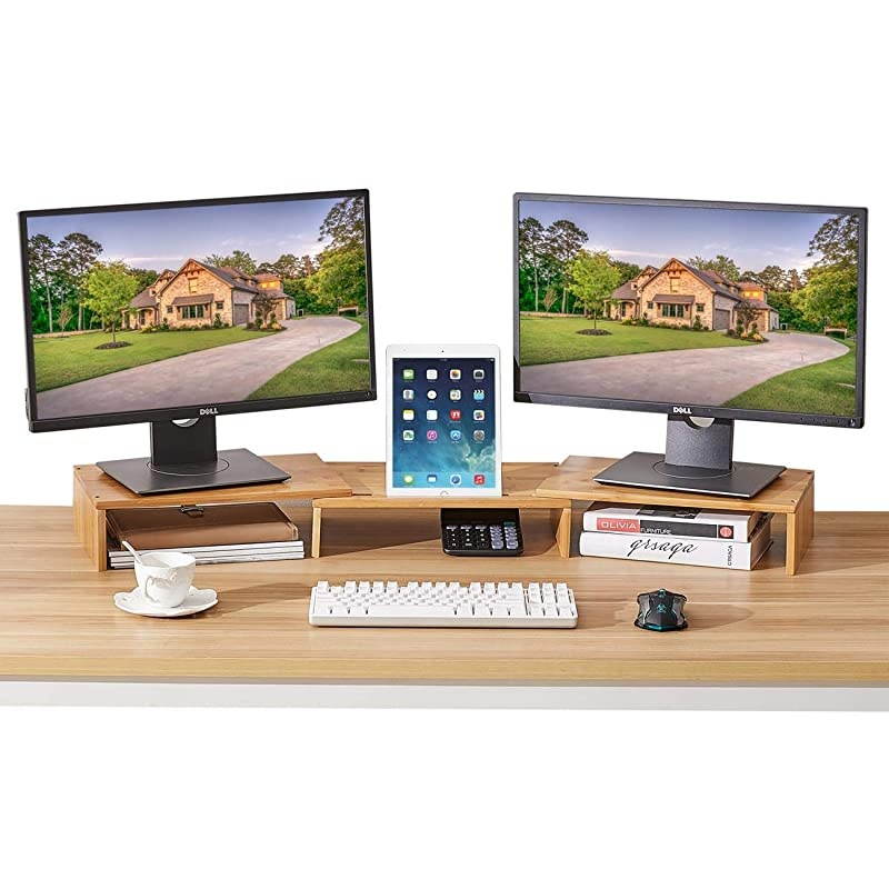 Bamboo Dual Monitor Stand Riser with Length and Angle Adjustable 3 Shelf Multifunctional Screen Desktop Organizer for Laptop Computer TV PC Printer Multi Media SpeakerBurlywood