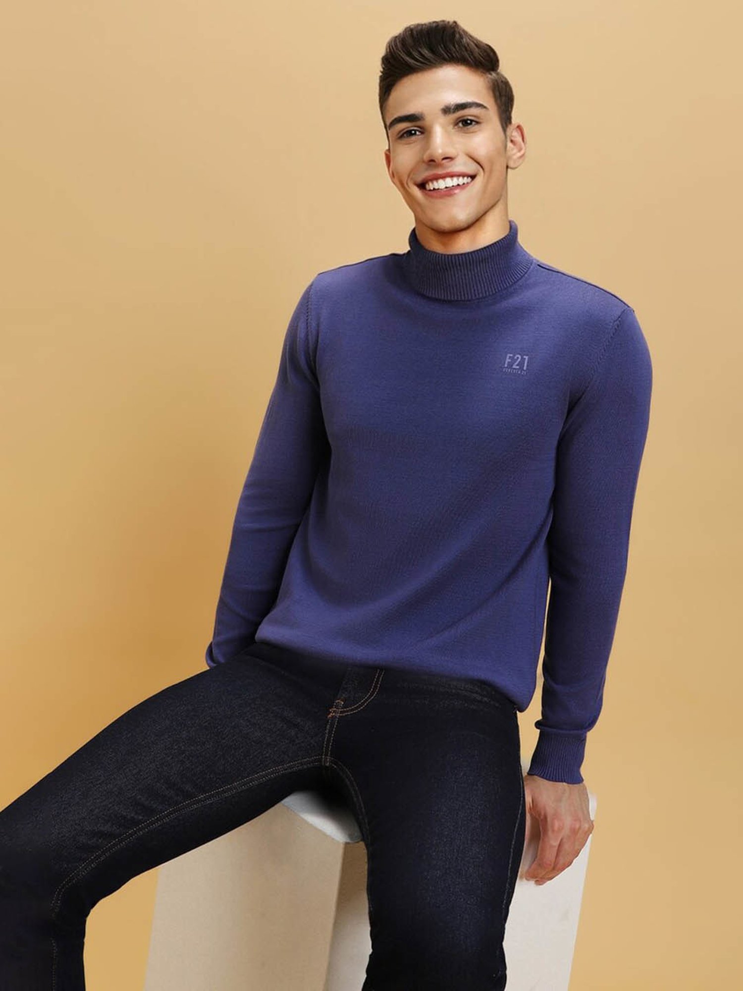 Forever 21 Blue Cotton Regular Fit Sweater