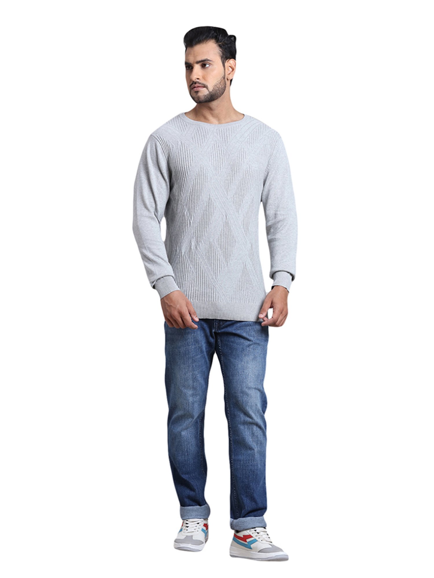 ColorPlus Grey Cotton Tailored Fit Self Pattern Sweater