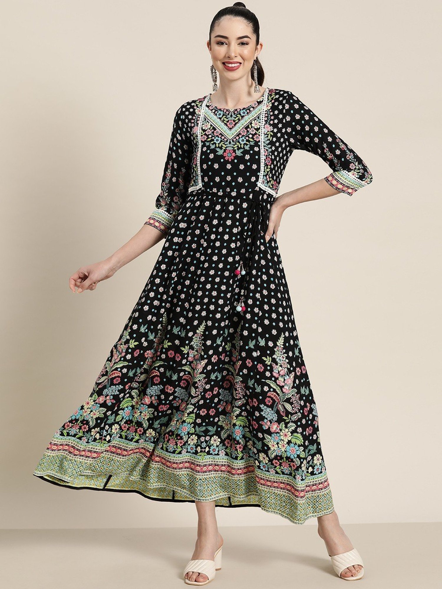 Juniper Black Festive Floral Printed Rayon Anarkali Dress