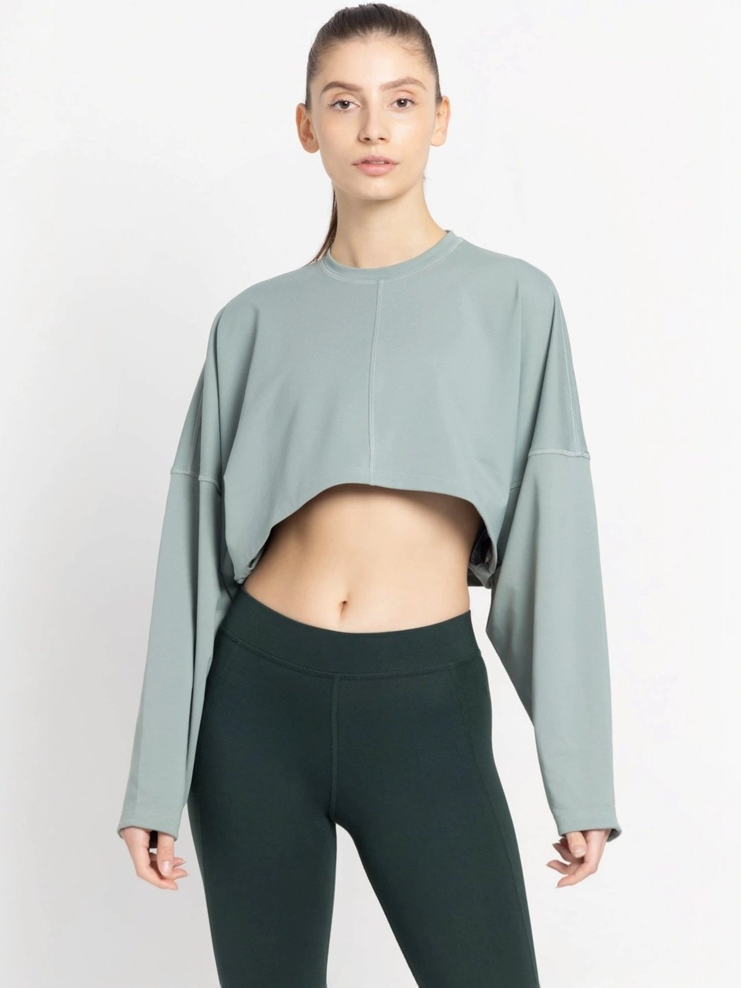ADIDAS Green Plain Sports Cropped Sweatshirt