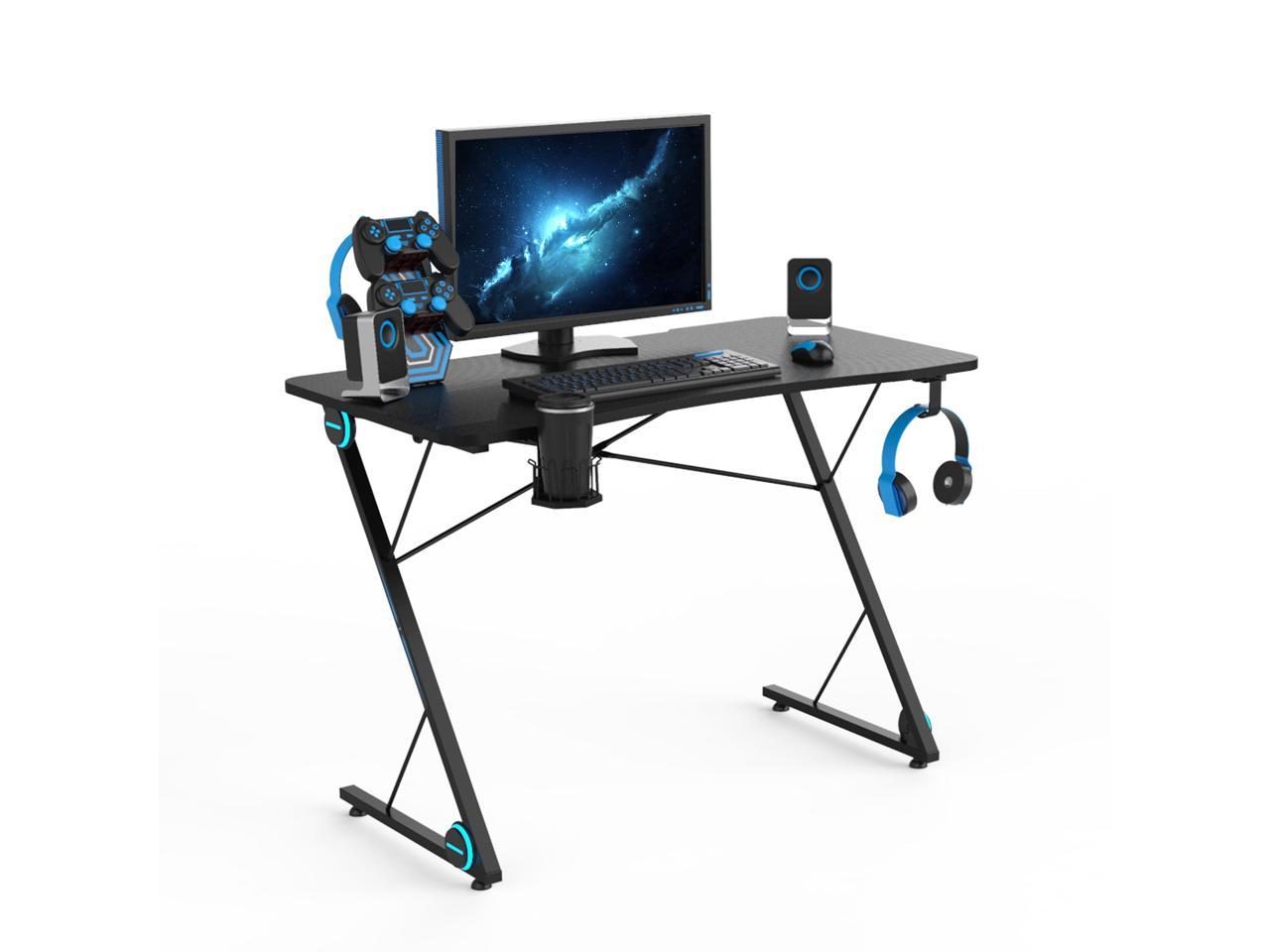 43 Inch Gaming Desk Racing Style PC Computer Desk Z-shaped Table Home Office Desk with Large Carbon Fiber Surface, Free Mouse Pad, Headphone Hook, Gaming Handle Rack and Cup Holder (Black)