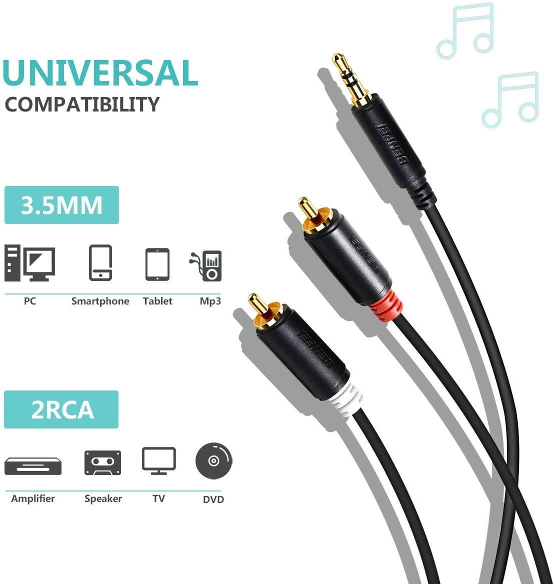 3.5mm to 2-Male RCA, Benfei RCA to Audio Stereo Cable - 6 Feet