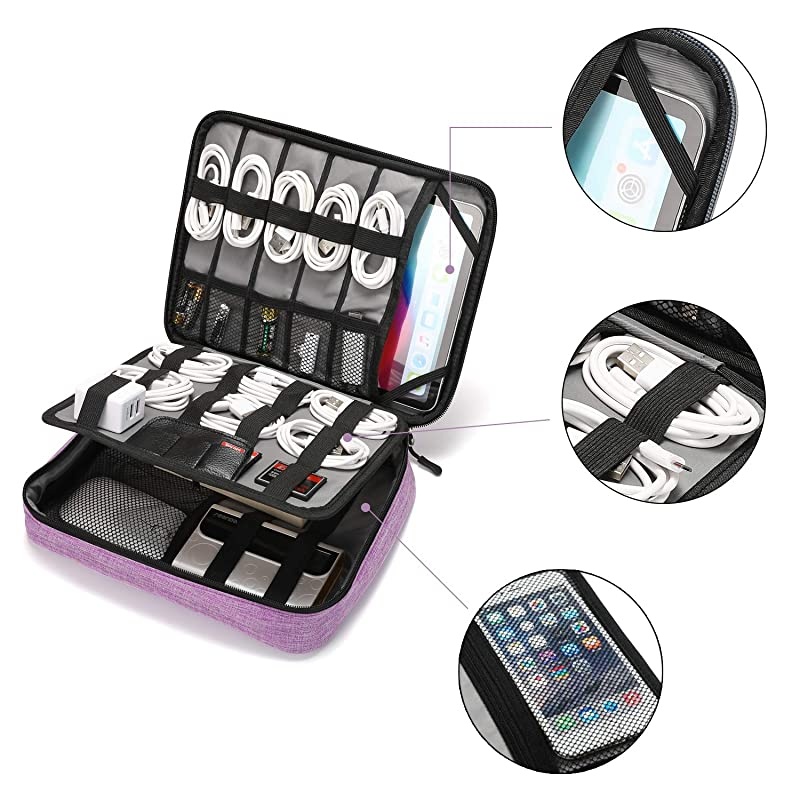 Electronics Organizer  Electronic Accessories Double Layer Travel Cable Organizer Cord Storage Bag for Cables iPad Up to 11Power Bank Hard Drive and MoreLavender
