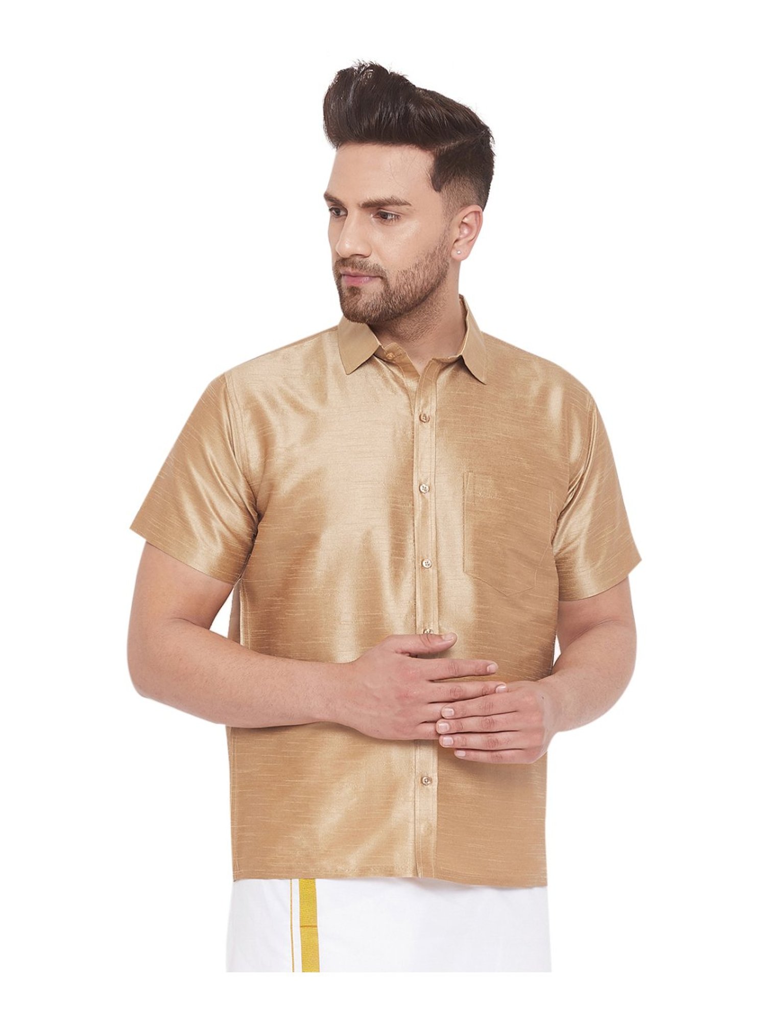 VASTRAMAY Beige Straight Fit Self Pattern Ethnic Shirt