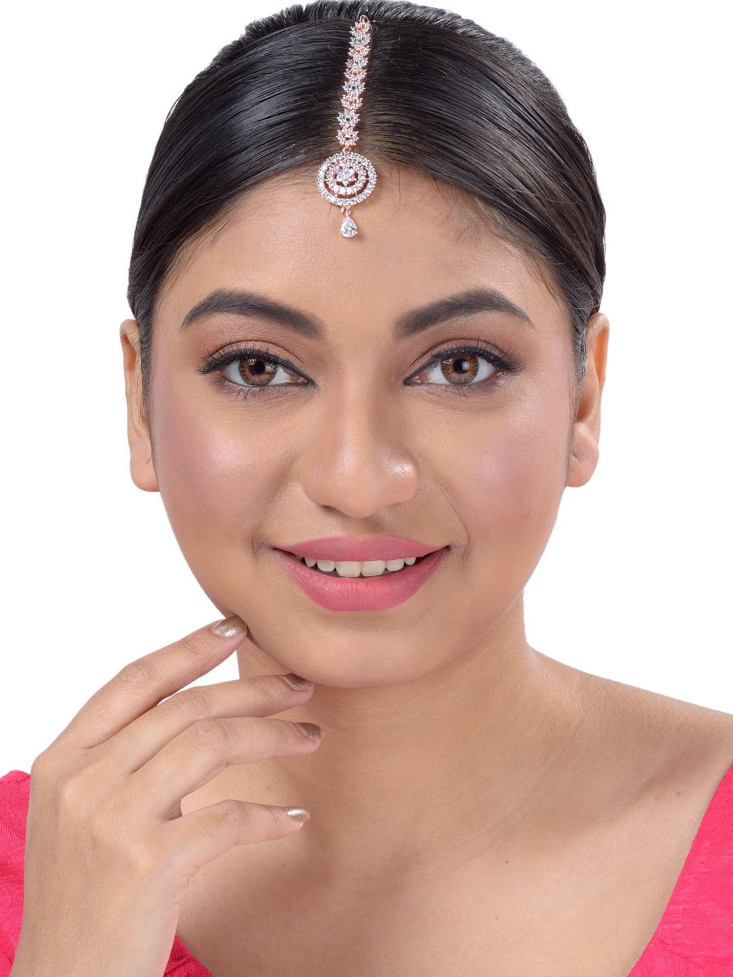 Saraf Rs Jewellery Intricate Design Diamond Maang Tikka Rose Gold Plated Studded For Women & Girls