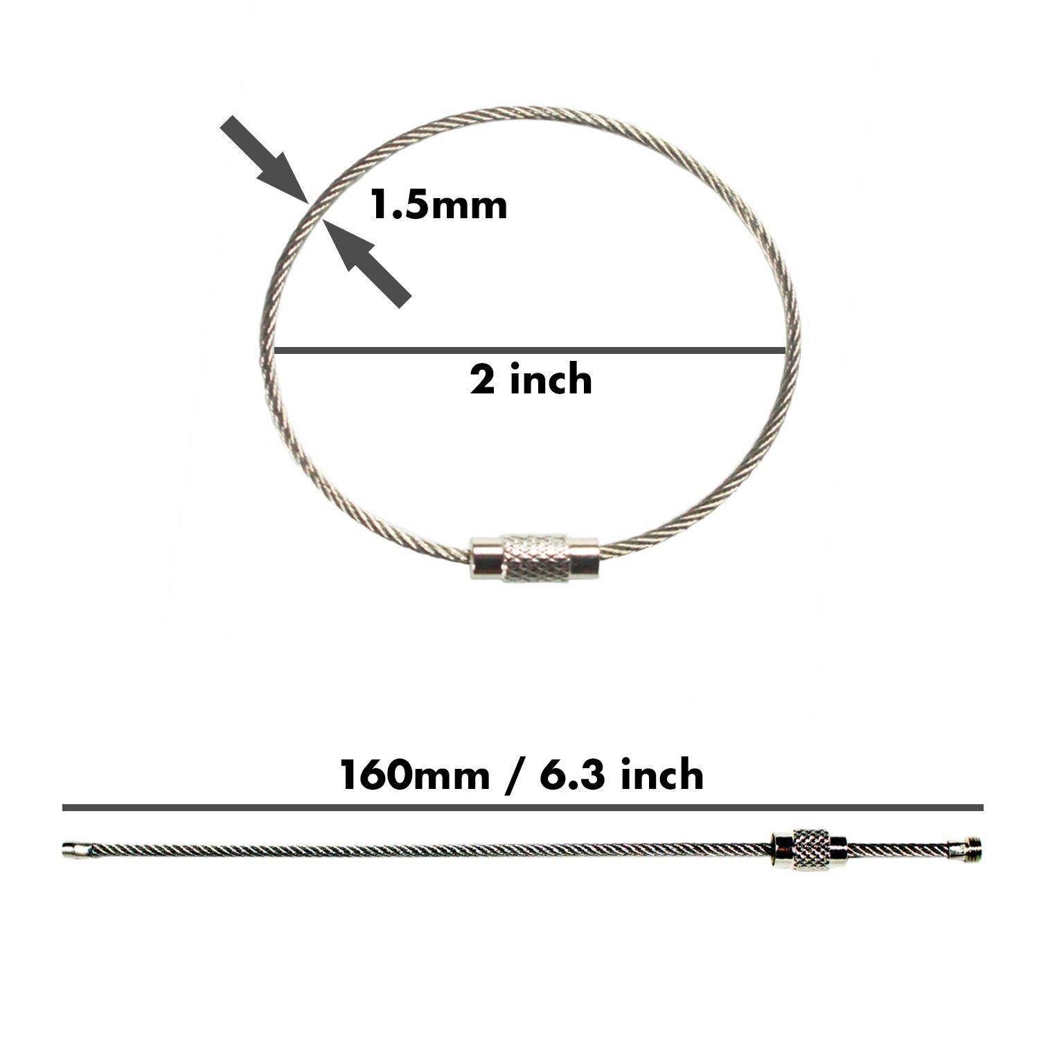 Stainless Steel Wire Keychains 1.5mm 6.3 Inches Aircraft Cable Key Ring Loops for Hanging Luggage Tags or ID Tags (25 Pack)