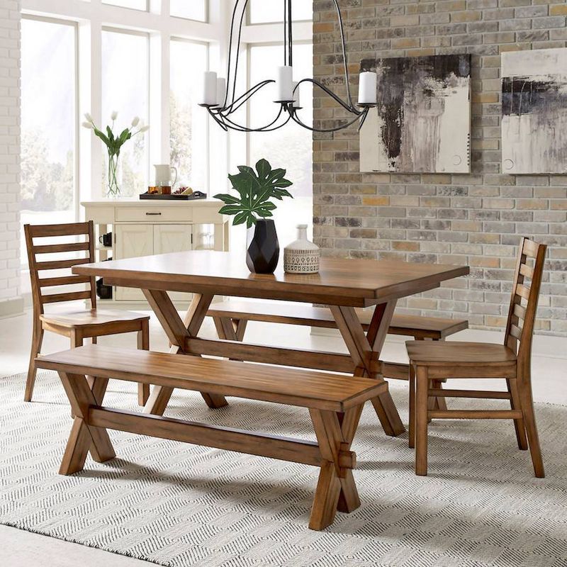 Sedona Rectangular Trestle Dining Table with 2 Benches and 2 Chairs Toffee - Home Styles