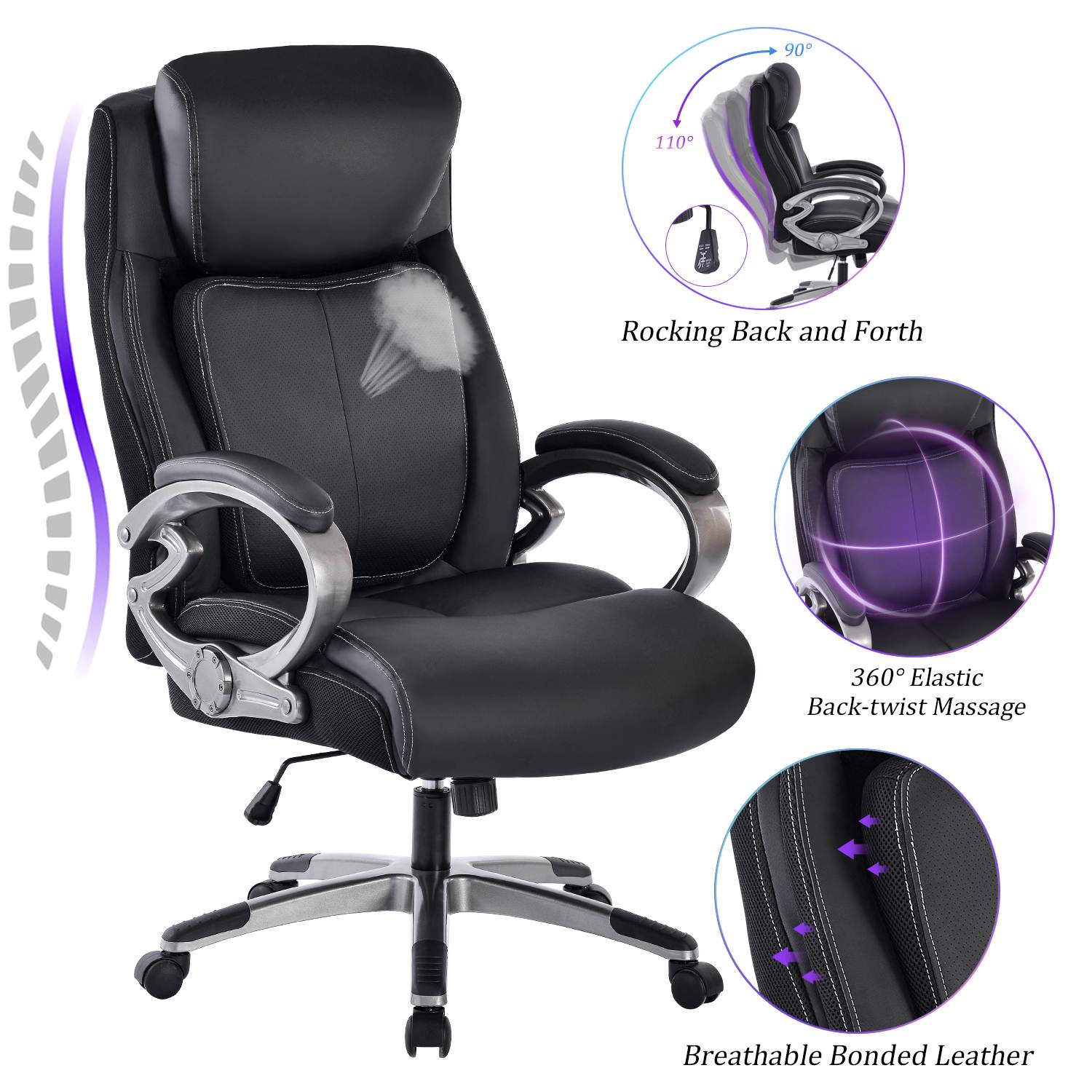 REFICCER High-Back Office Chair, Adjustable Spring Lumbar Support Tilt Tension Bonded Leather Ergonomic Executive Computer Swivel Desk Task Chair, Black