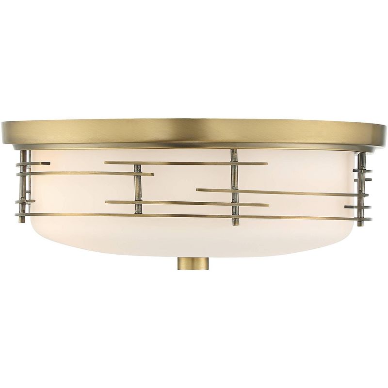 Franklin Iron Works Modern Ceiling Light Flush Mount Fixture Soft Gold 14" Wide White Glass Drum for Bedroom Kitchen Living Room