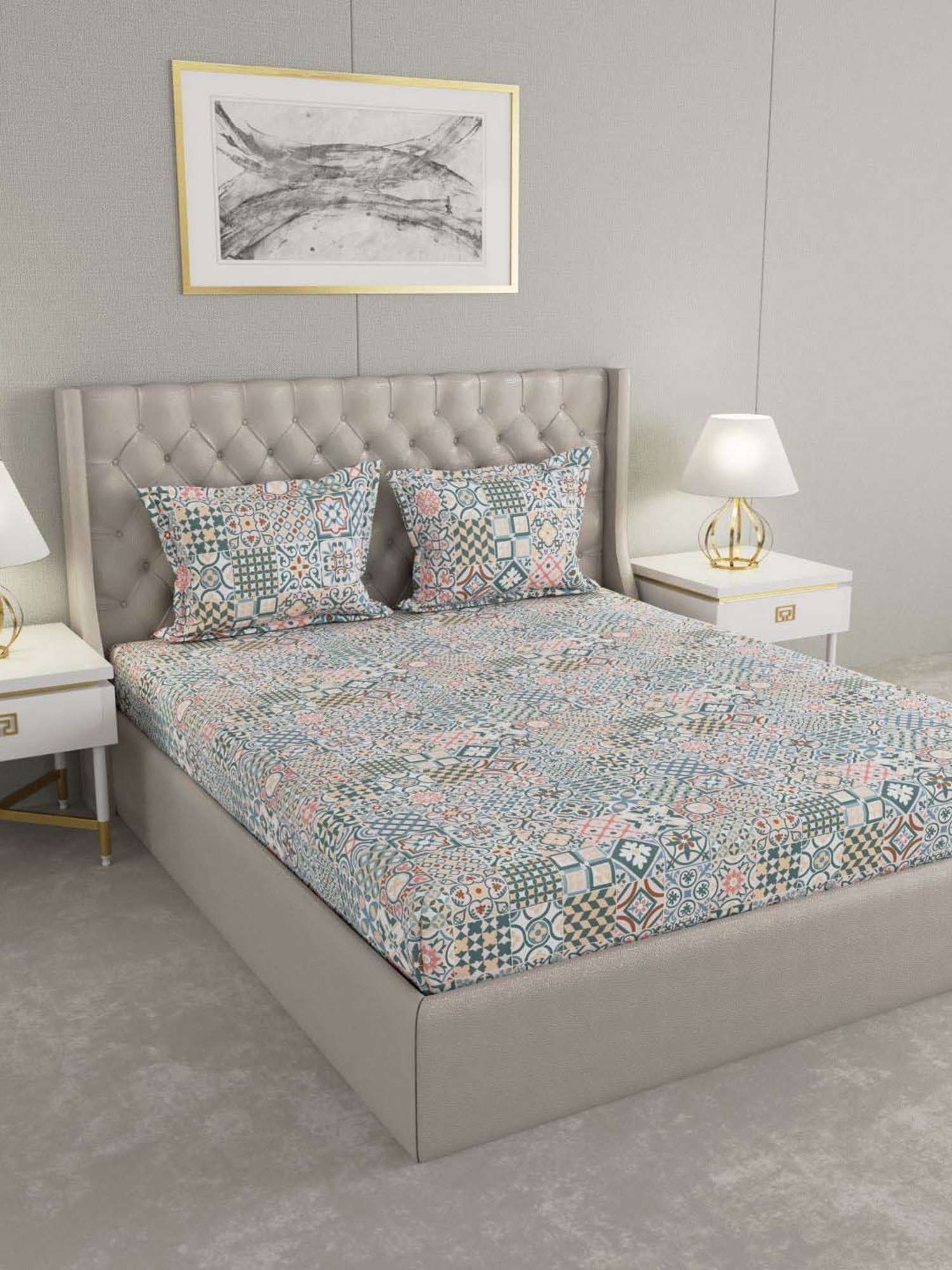 Raymond Home Vision Blue & Pink 144 TC Cotton King Bedsheet with 2 Pillow Covers