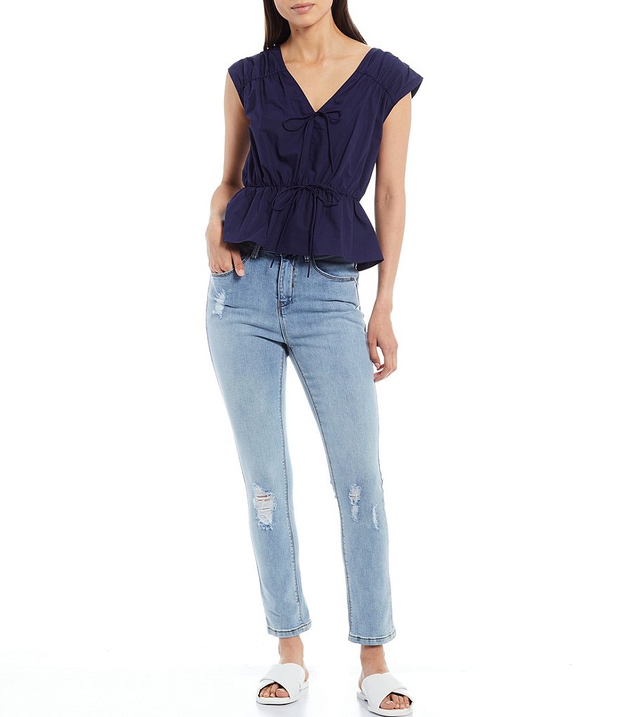 A Loves A Cinched Yoke and Waist Peplum Cap Sleeve Blouse