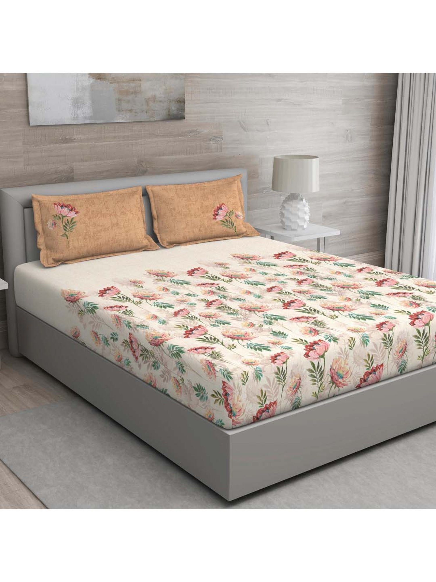 GM Beige & Orange 100% Cotton 144 TC Queen Bedsheet Set