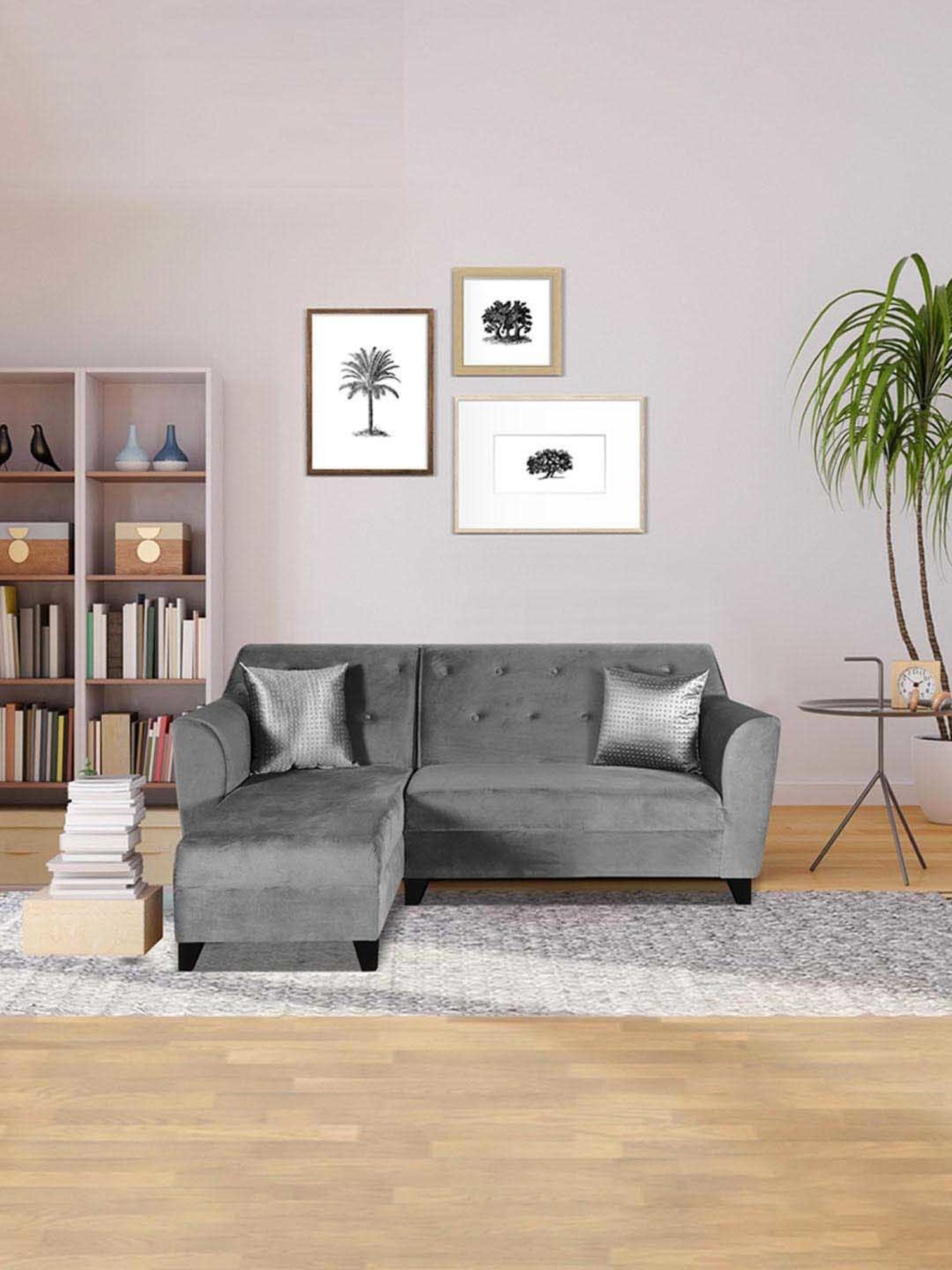 Trevi Grey Velvet & Neem Wood 5 Seater LHS Sectional Sofa