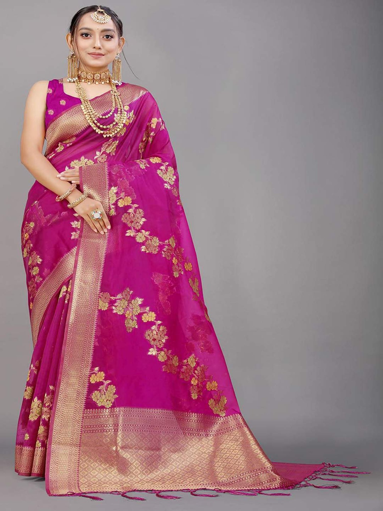 SHUBHKALA Pink Silk Woven Saree With Unstitched Blouse