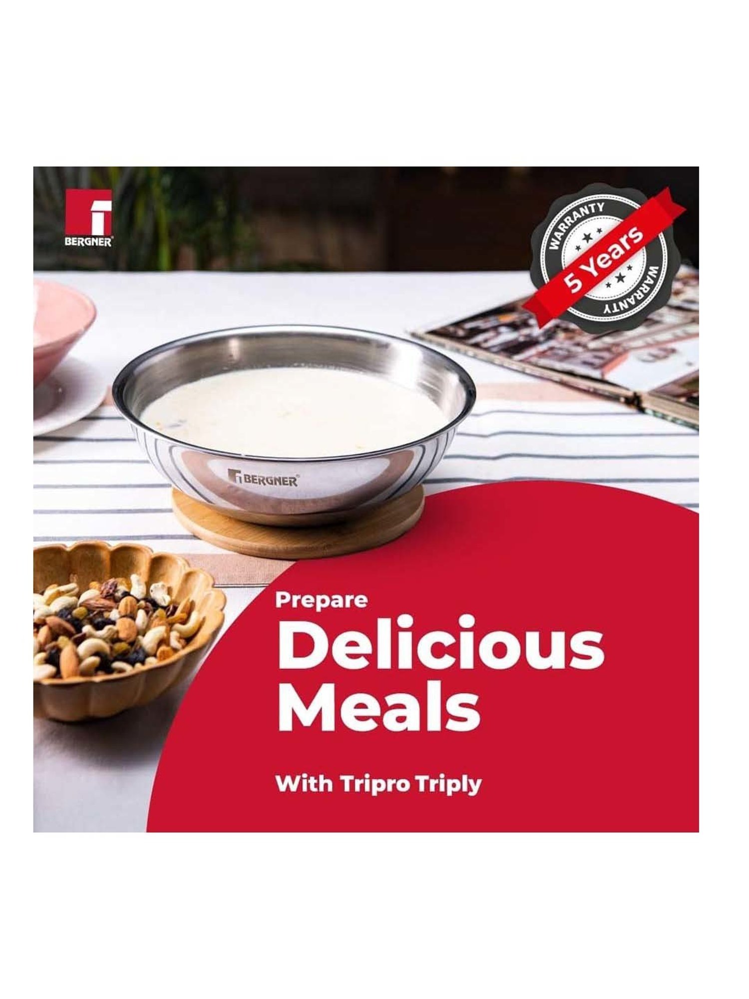 Bergner Tripro Silver Stainless Steel 24 cm Induction Friendly Triply Serve Wok With Lid (3.2 L)