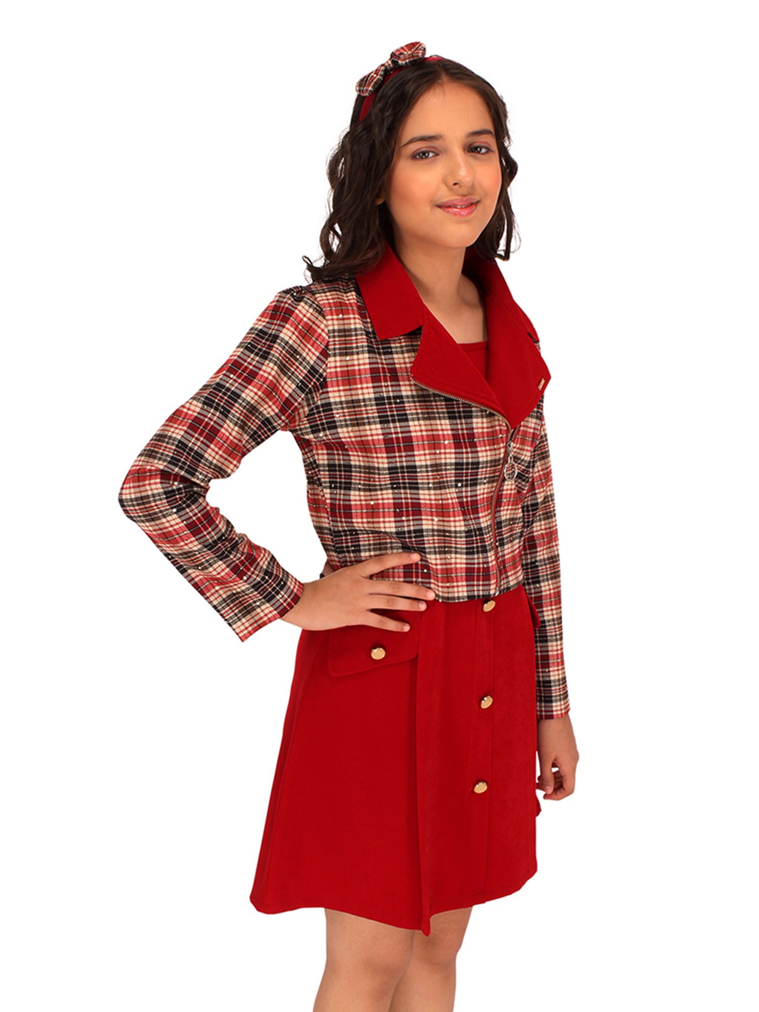 Cutecumber Kids Maroon Checks Full Sleeves Dress with Shrug