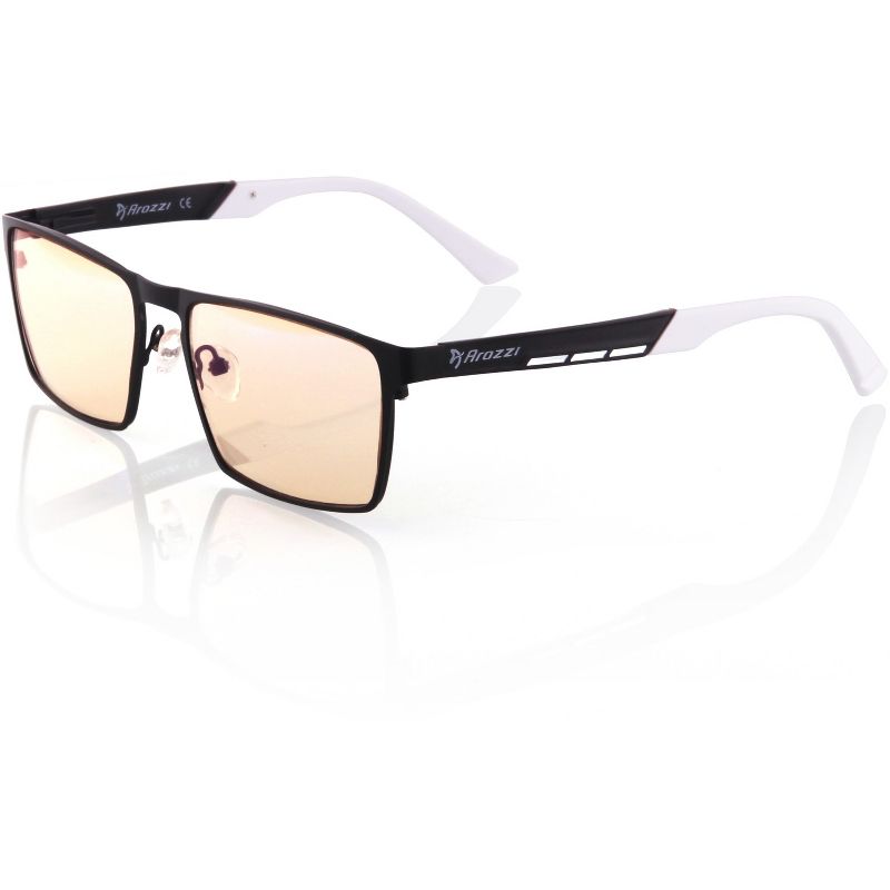 Arozzi Visione VX-800 Computer Blue Light Blocking Gaming Glasses, Black & White Stainless Steel Frame, Tinted Purple Lens (VX800-2)