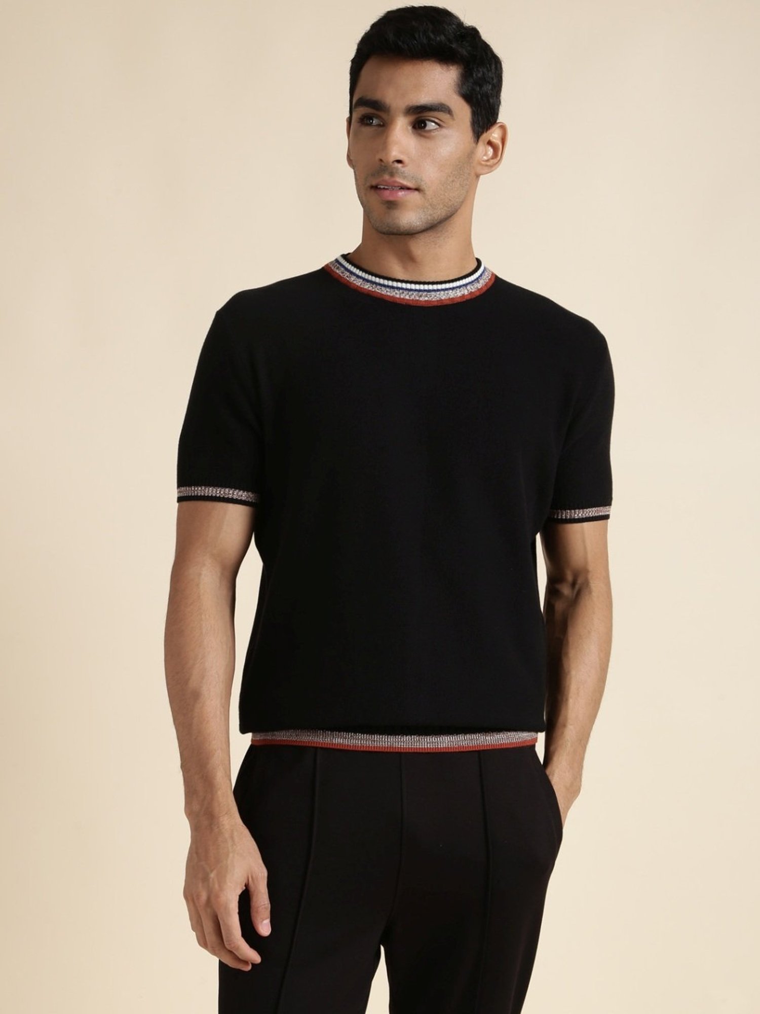 Andamen Black Regular Fit Self Pattern T-Shirt