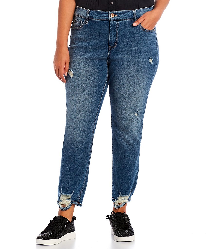 Jessica Simpson Plus Size Spotlight High Rise Straight Leg Destruction Detail Frayed Hem Ankle Jeans