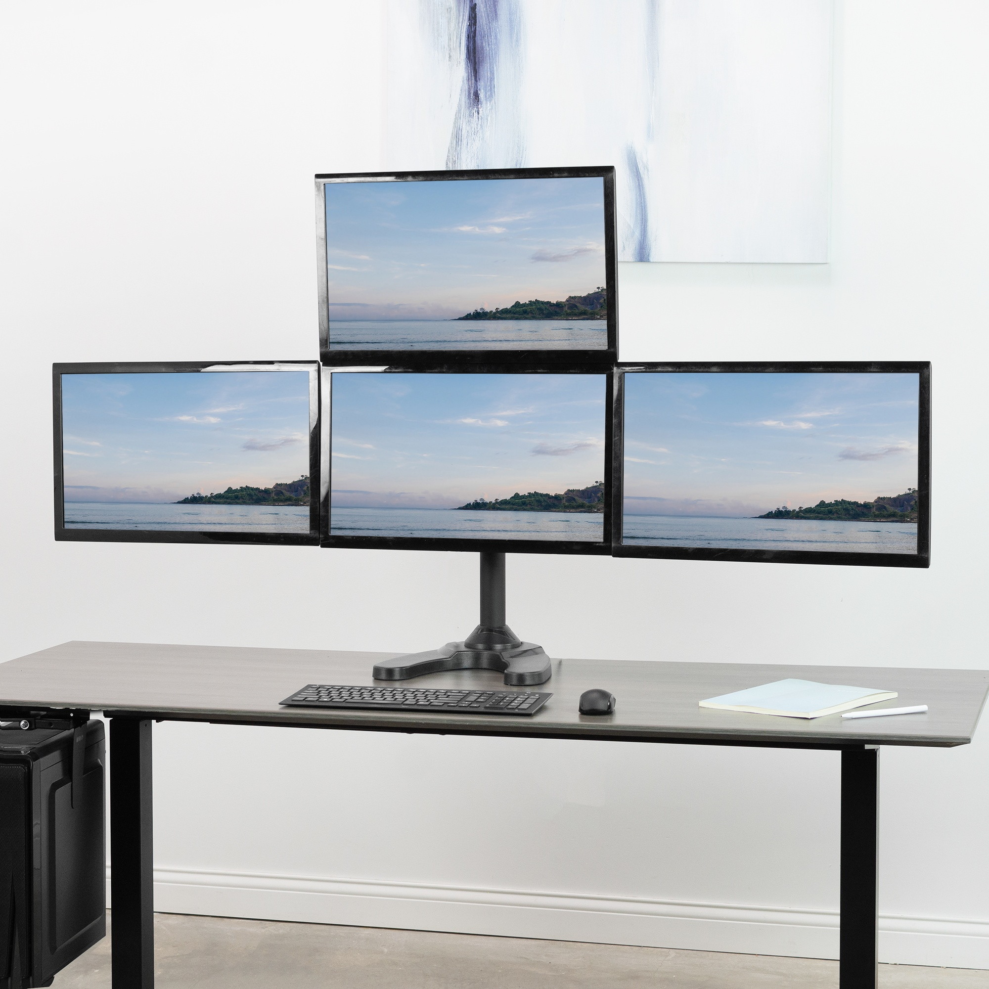 VIVO Steel Quad Monitor Mount w/ Heavy Duty Base, 3 + 1 Fully Adjustable Stand | Holds 4 Screens up to 32" (STAND-V104F)