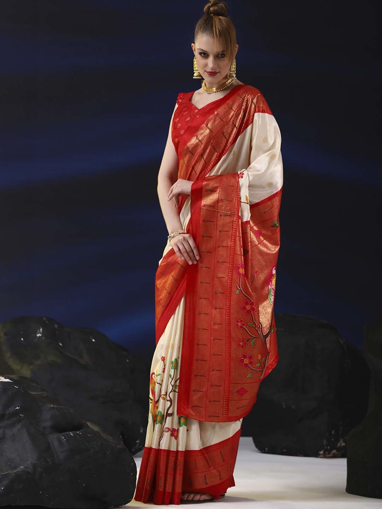 Saree Mall Beige & Red Silk Printed Saree With Unstitched Blouse