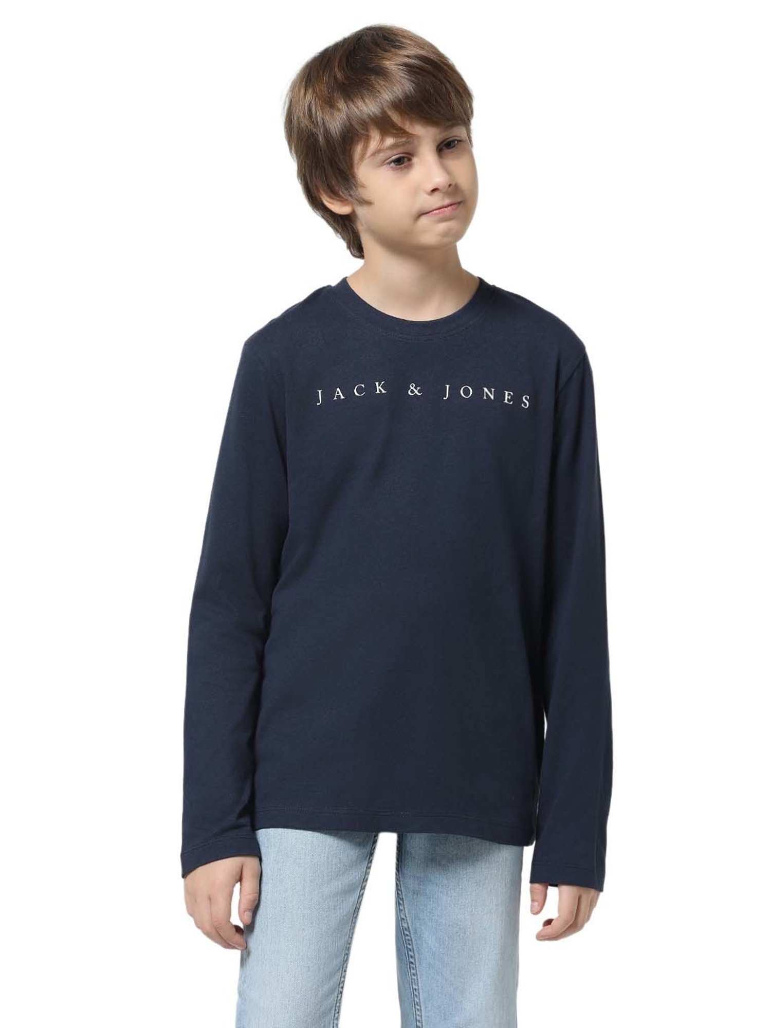 Jack & Jones Junior Navy Cotton Printed Full Sleeves T-Shirt