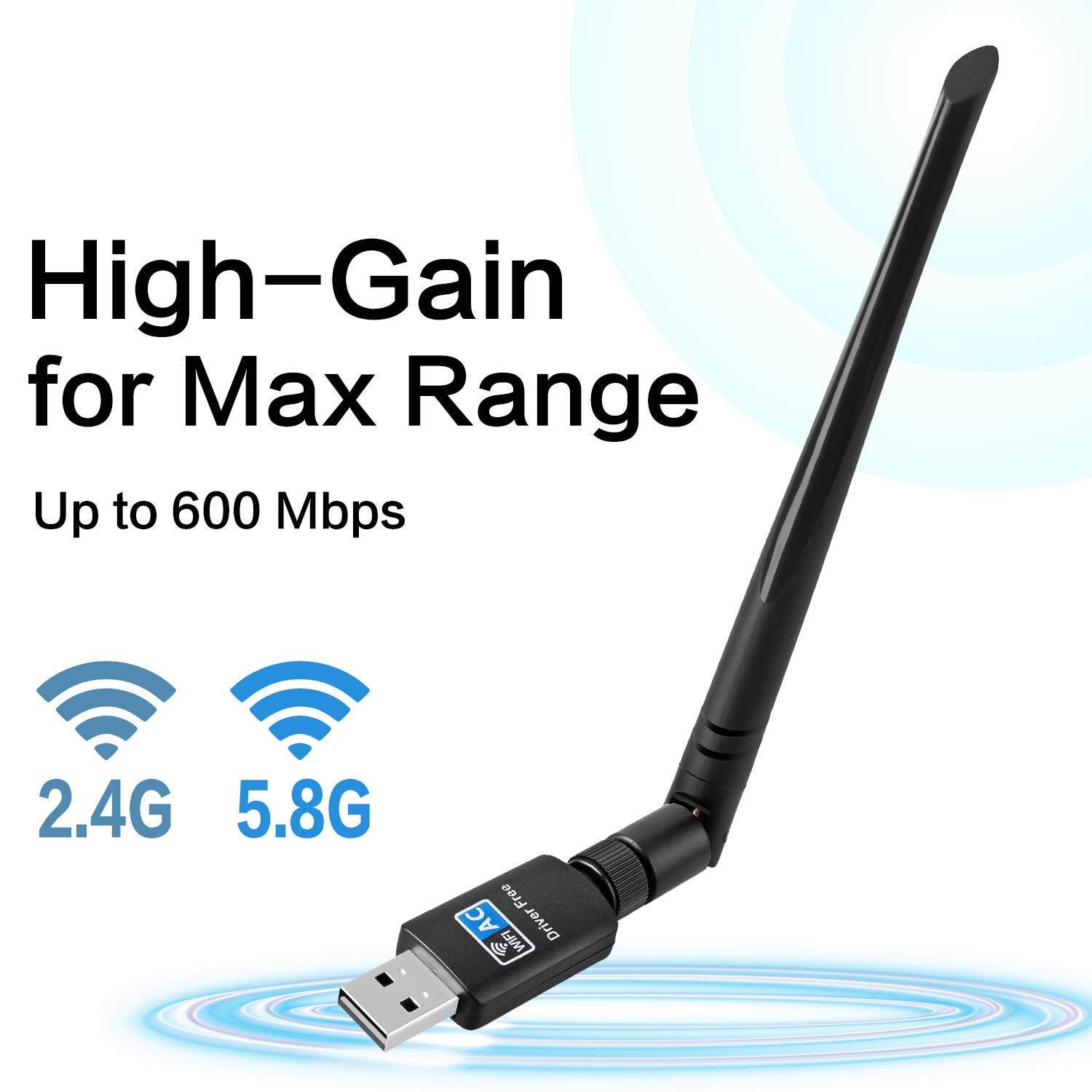 WiFi Adapter for PC 600Mbps,802.11ac USB Wireless Network Adapter with Dual Band 2.4GHz/5.8GHz 5dBi High Gain Antenna for Desktop Compatible with Windows 10/8/7/Vista/XP Mac OS