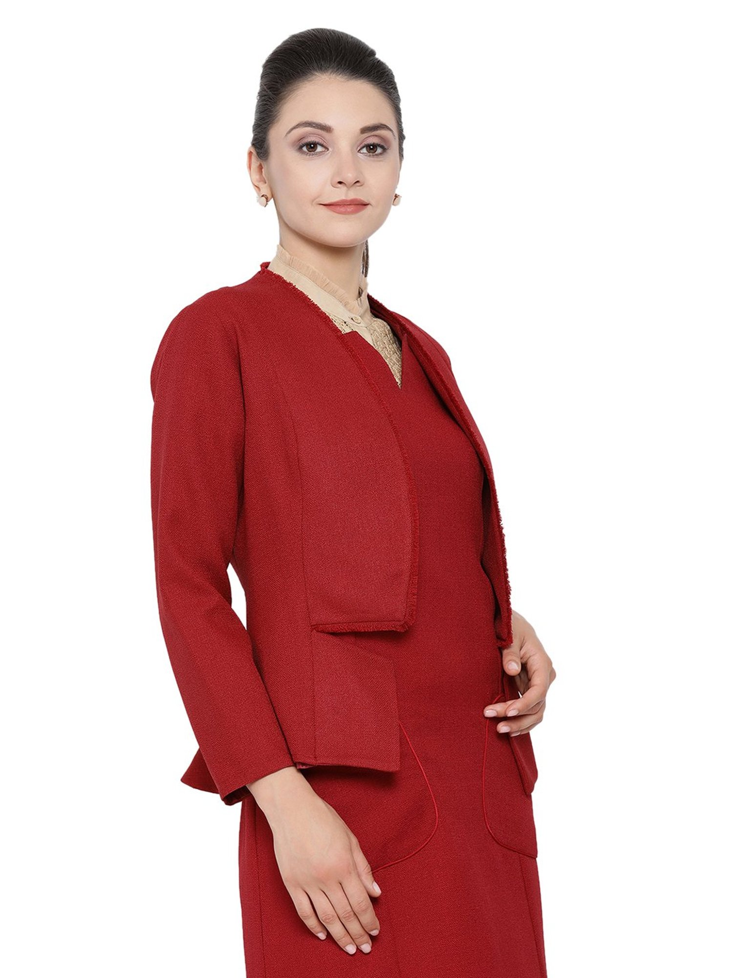 Office & You Red Silk Linen Jacket With Fringes