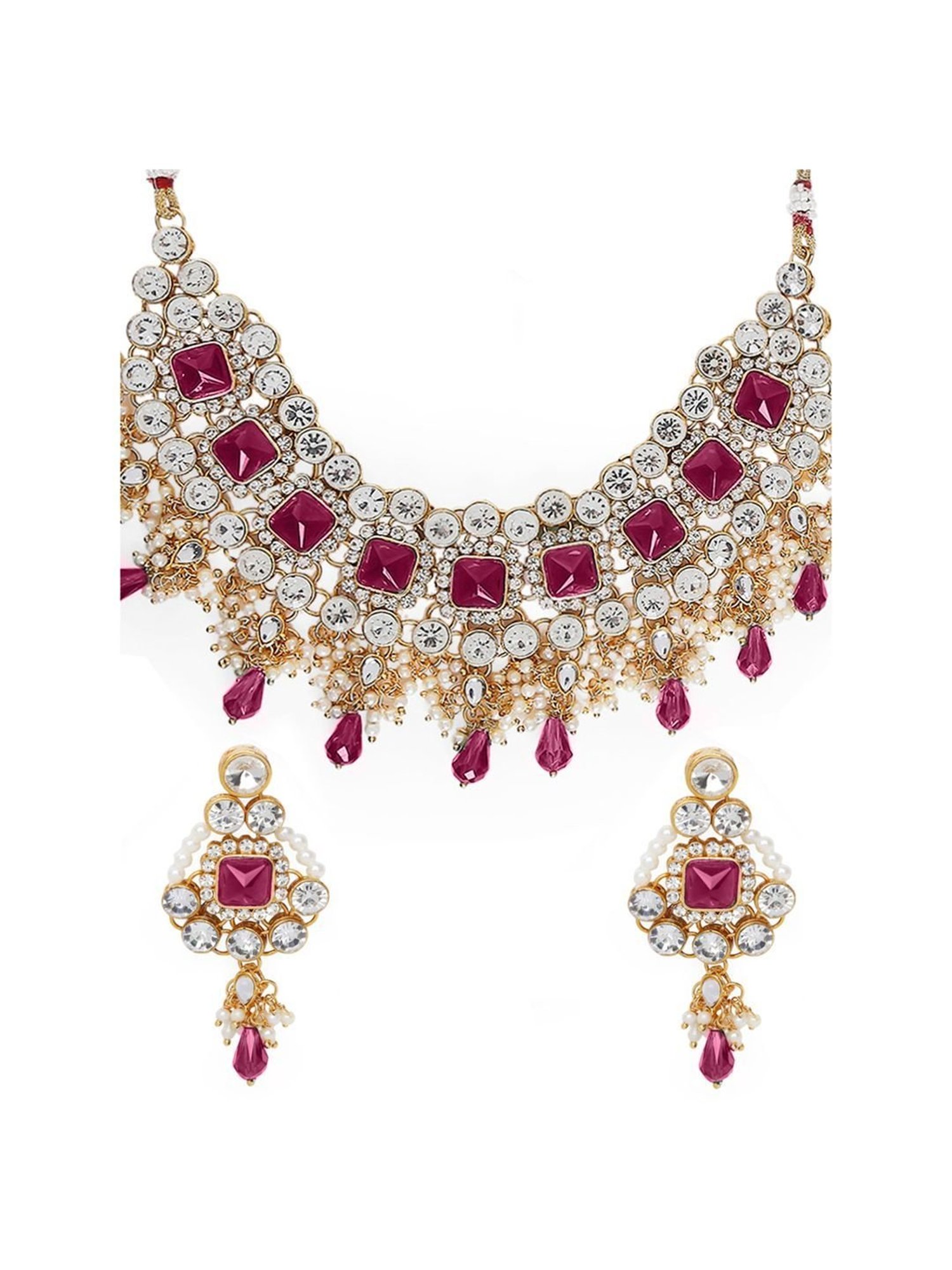 OOMPH Rani Pink Stones & Kundan Heavy Ethnic Necklace Set for Women