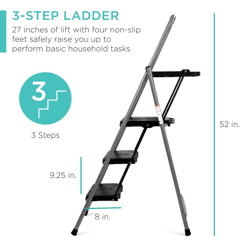 Best Choice Products 3-Step Portable Folding Anti-Slip Steel Ladder w/ Hand Grip, Utility Tray, 330lb Capacity