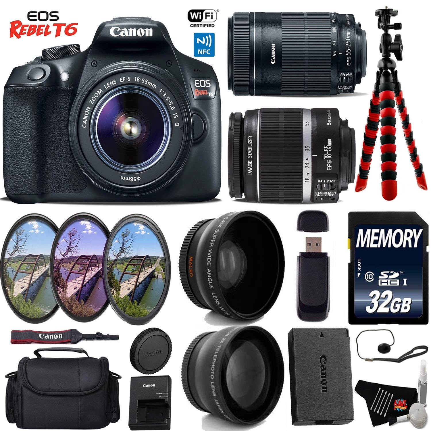 Canon EOS Rebel T6 DSLR Camera with 18-55mm IS Lens & 55-250mm IS STM Lens + UV FLD CPL Filter Kit + Tripod + Wide Angle & Telephoto Lens + Camera Case + Card Reader + Bundle (Intl Model)